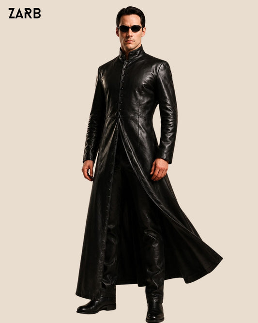 Neo Matrix Style Black Sheepskin Leather Long Coat | Full Length Duster | Bespoke Tailored ZARB Officials