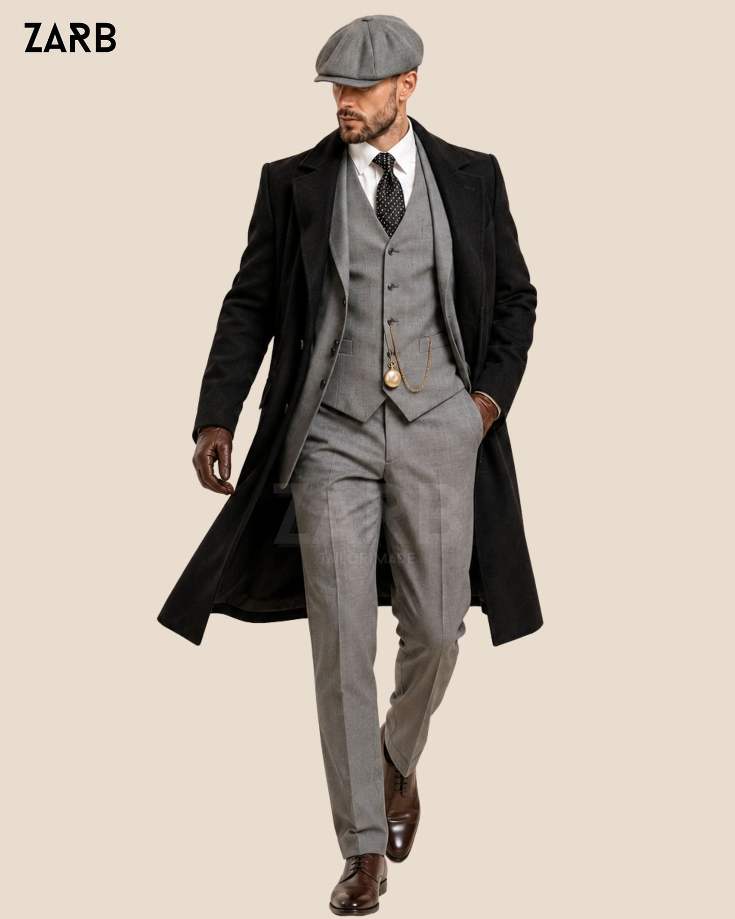 Peaky Blinders Grey Suit with Long Coat & Cap | Tommy Shelby Outfit | Bespoke Tailored ZARB Officials
