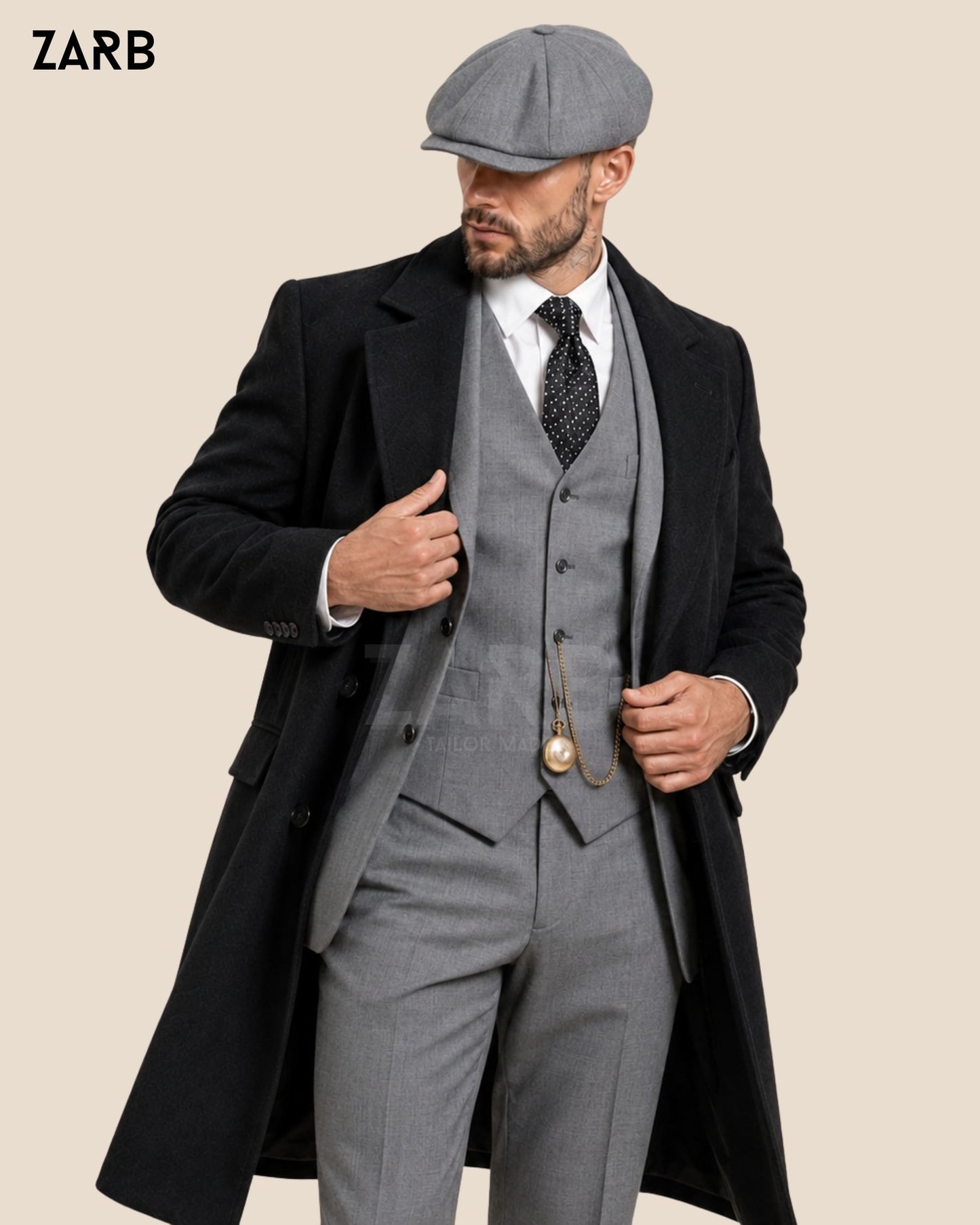 Peaky Blinders Grey Suit with Long Coat & Cap | Tommy Shelby Outfit | Bespoke Tailored ZARB Officials