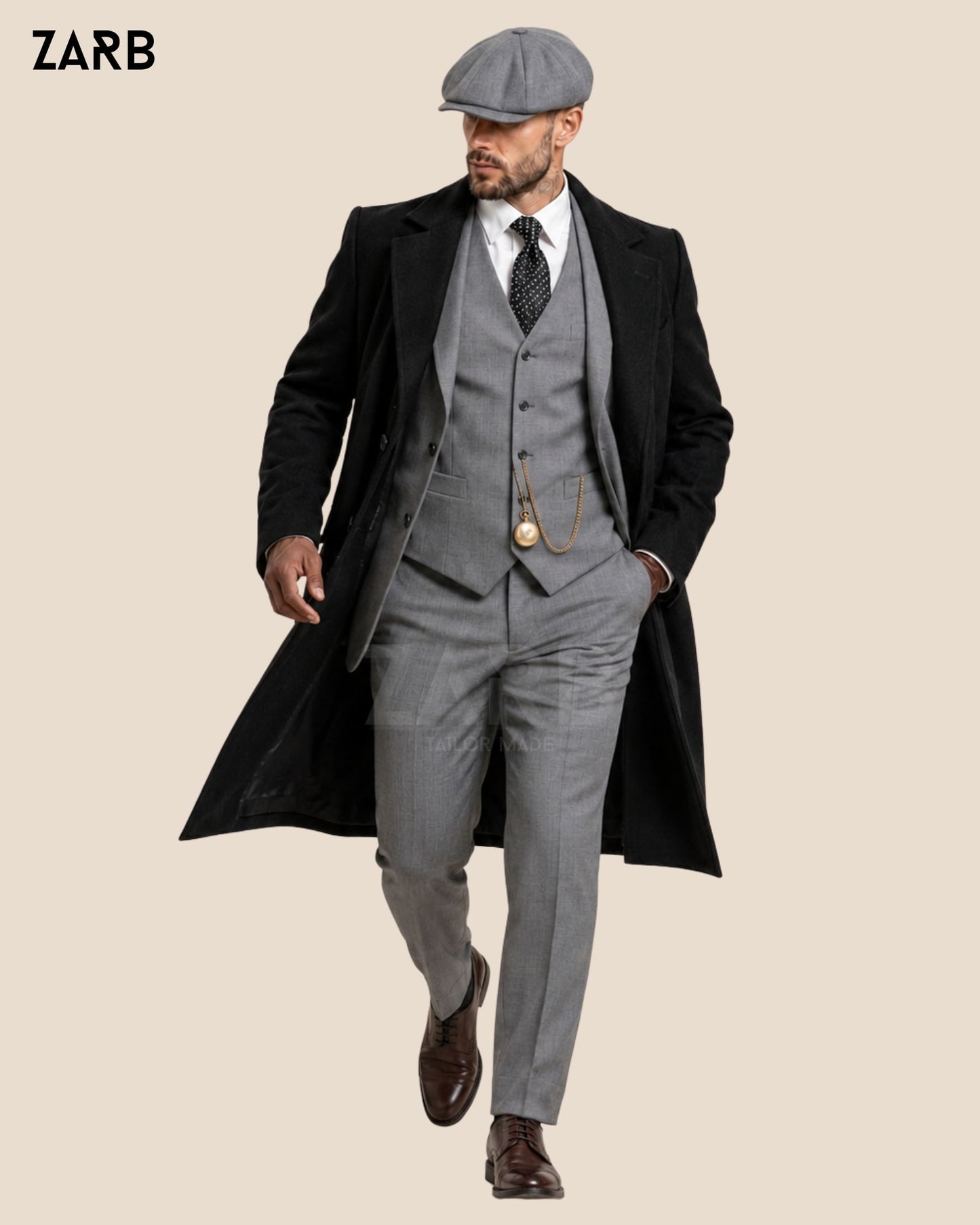 Peaky Blinders Grey Suit with Long Coat & Cap | Tommy Shelby Outfit | Bespoke Tailored ZARB Officials