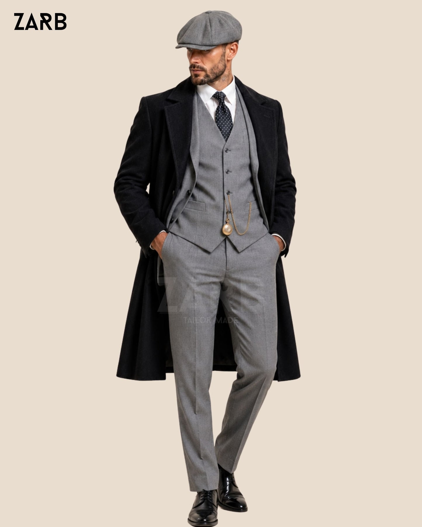 Peaky Blinders Grey Suit with Long Coat & Cap | Tommy Shelby Outfit | Bespoke Tailored ZARB Officials