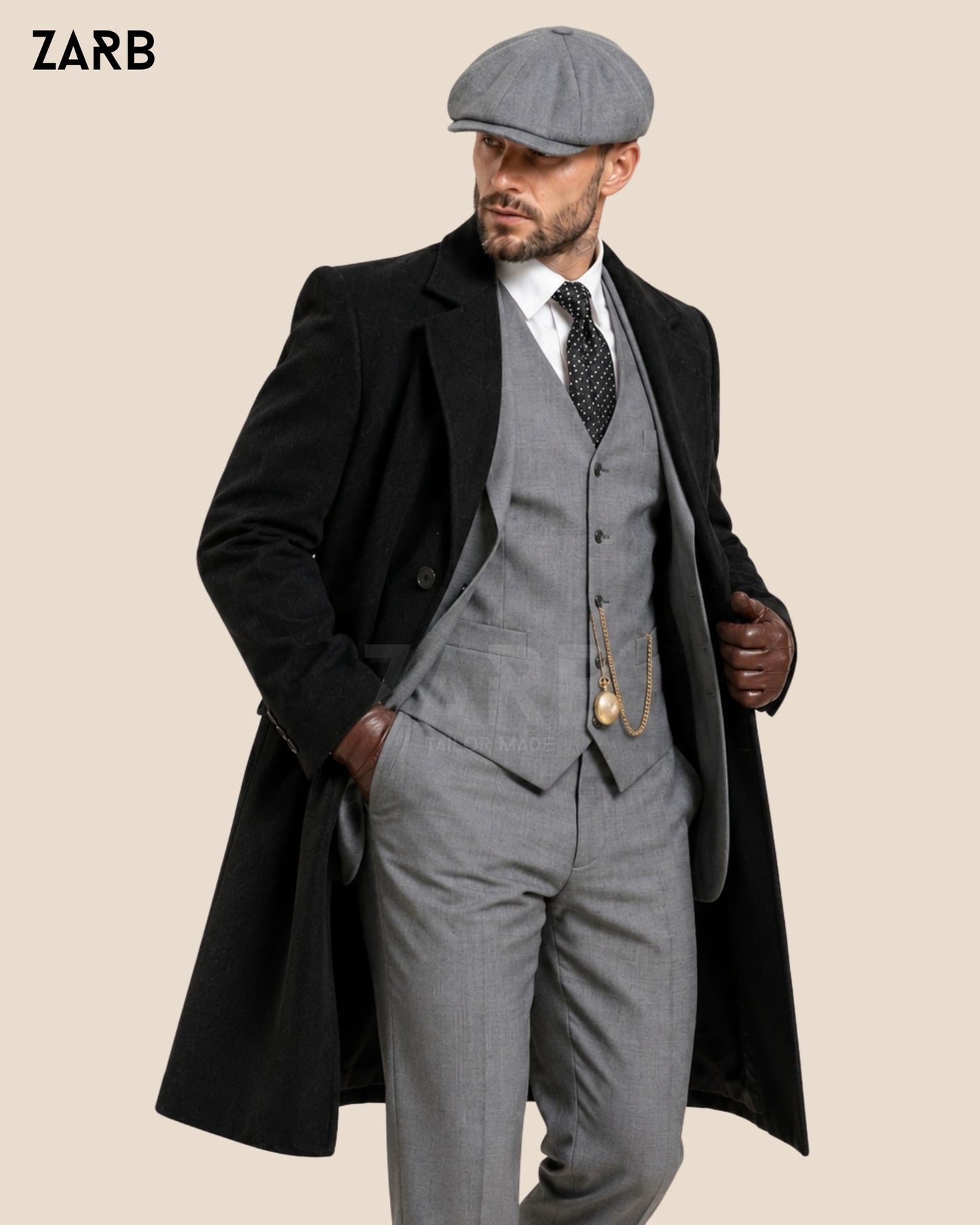 Peaky Blinders Grey Suit with Long Coat & Cap | Tommy Shelby Outfit | Bespoke Tailored ZARB Officials
