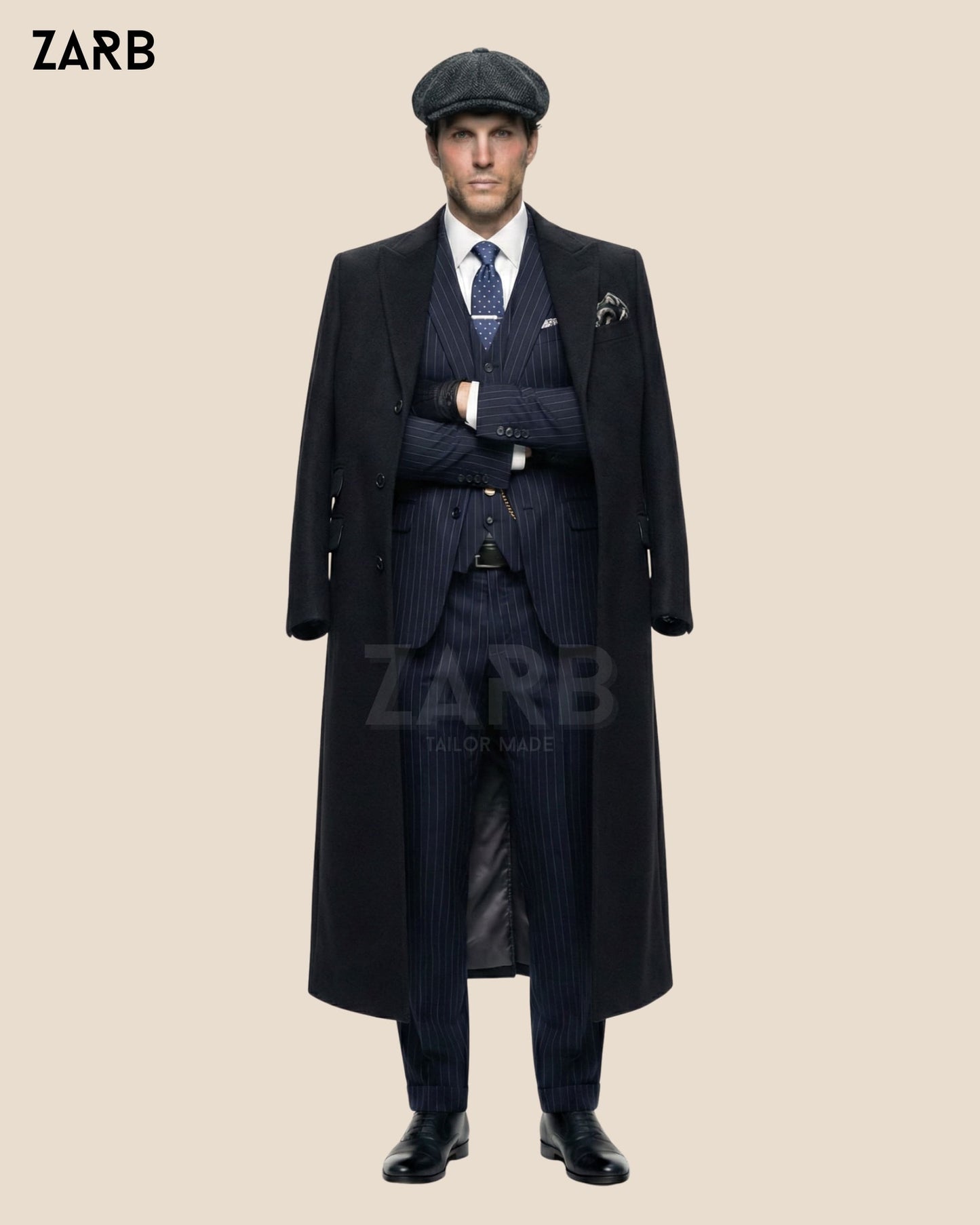 Peaky Blinders Style Black Tweed Wool Overcoat with Navy Pinstripe 3 Piece Suit | Bespoke Tailored ZARB Officials