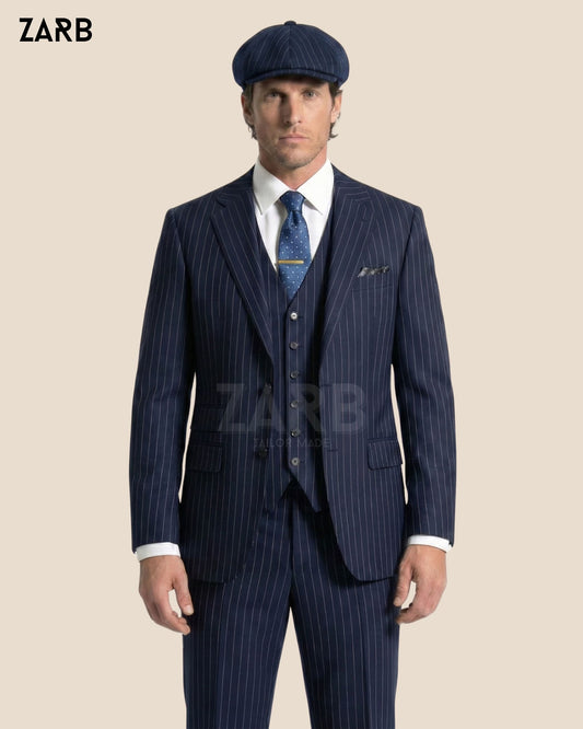Peaky Blinders Style Black Tweed Wool Overcoat with Navy Pinstripe 3 Piece Suit | Bespoke Tailored ZARB Officials