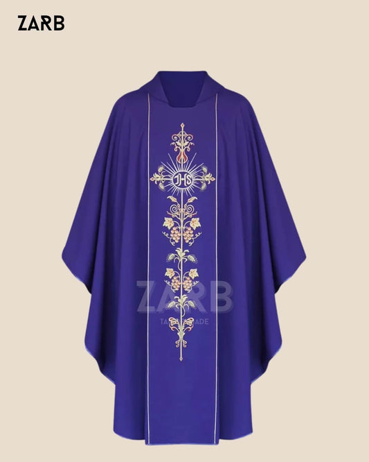 Purple IHS Embroidered Chasuble - Custom Roman Catholic Priest Vestment for Lent & Advent | ZARB Tailor Made Liturgical Chasuble | Bespoke Tailored ZARB Officials