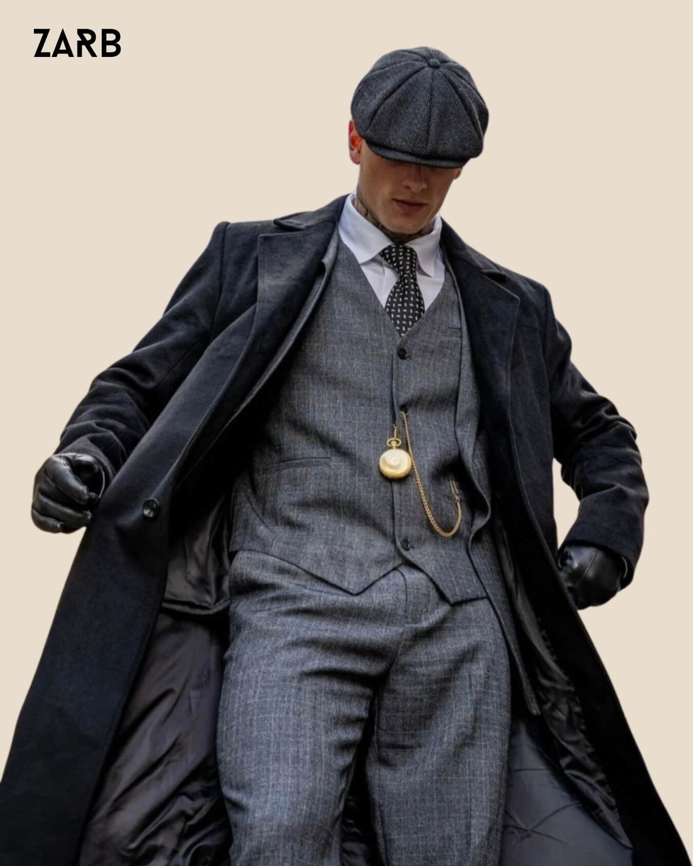 Thomas Shelby Peaky Blinders Suit | Grey 3-Piece Outfit with Long Coat & Cap | Bespoke Tailored ZARB Officials
