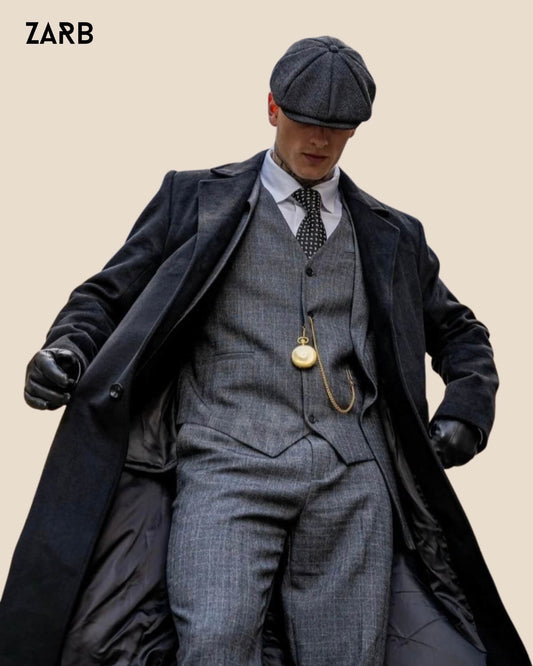 Thomas Shelby Peaky Blinders Suit | Grey 3-Piece Outfit with Long Coat & Cap | Bespoke Tailored ZARB Officials