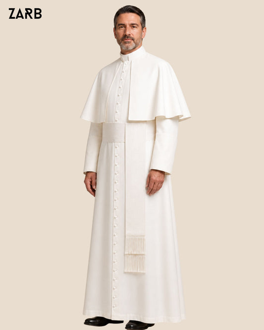 White Clergy Cassock with Pellegrina & Fascia | 33 Button Wool Blend Cassock | Bespoke Tailored ZARB Officials