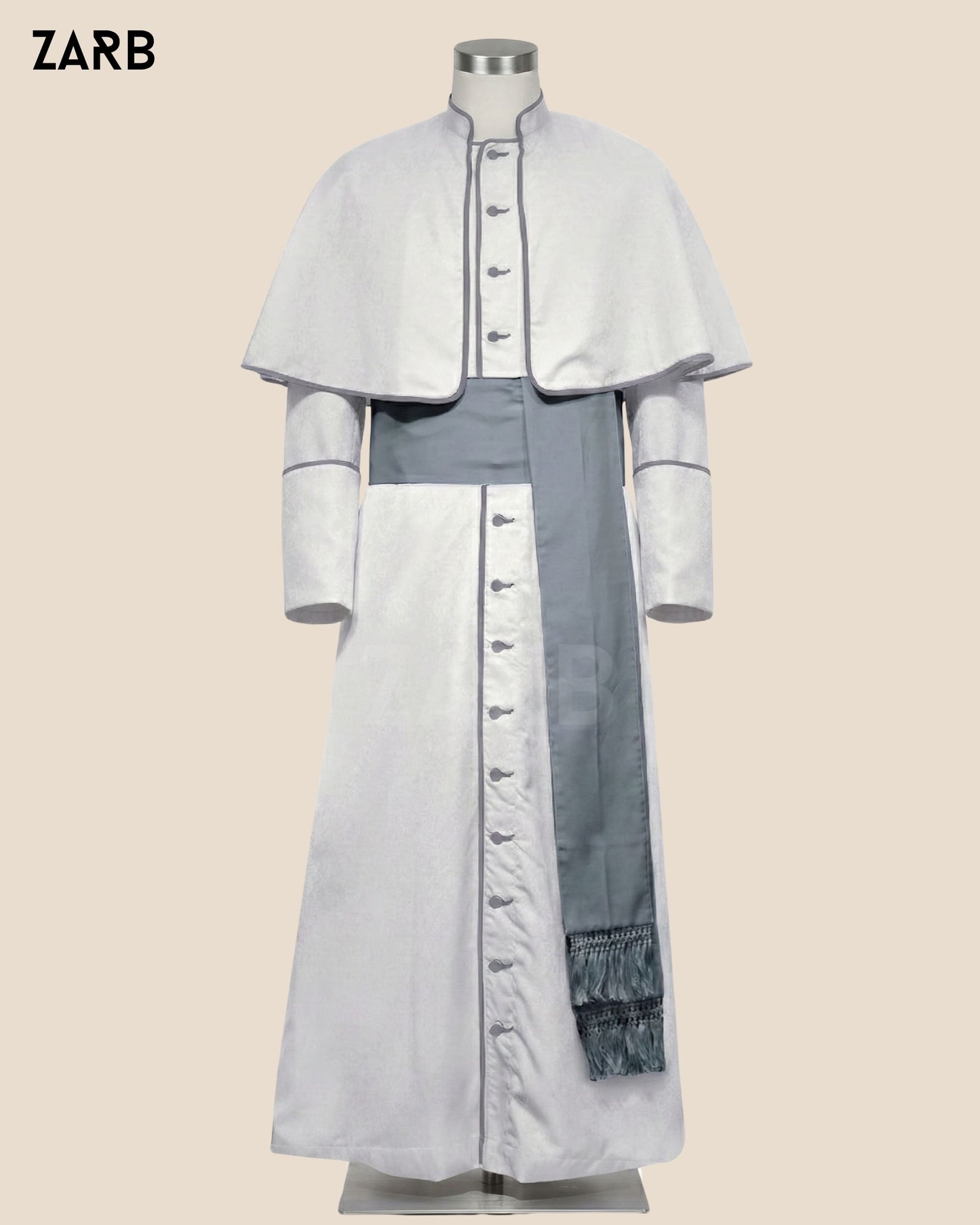 White Roman Cassock with Gray Trim - Custom Tailored Clergy Soutane | Bespoke Tailored ZARB Officials