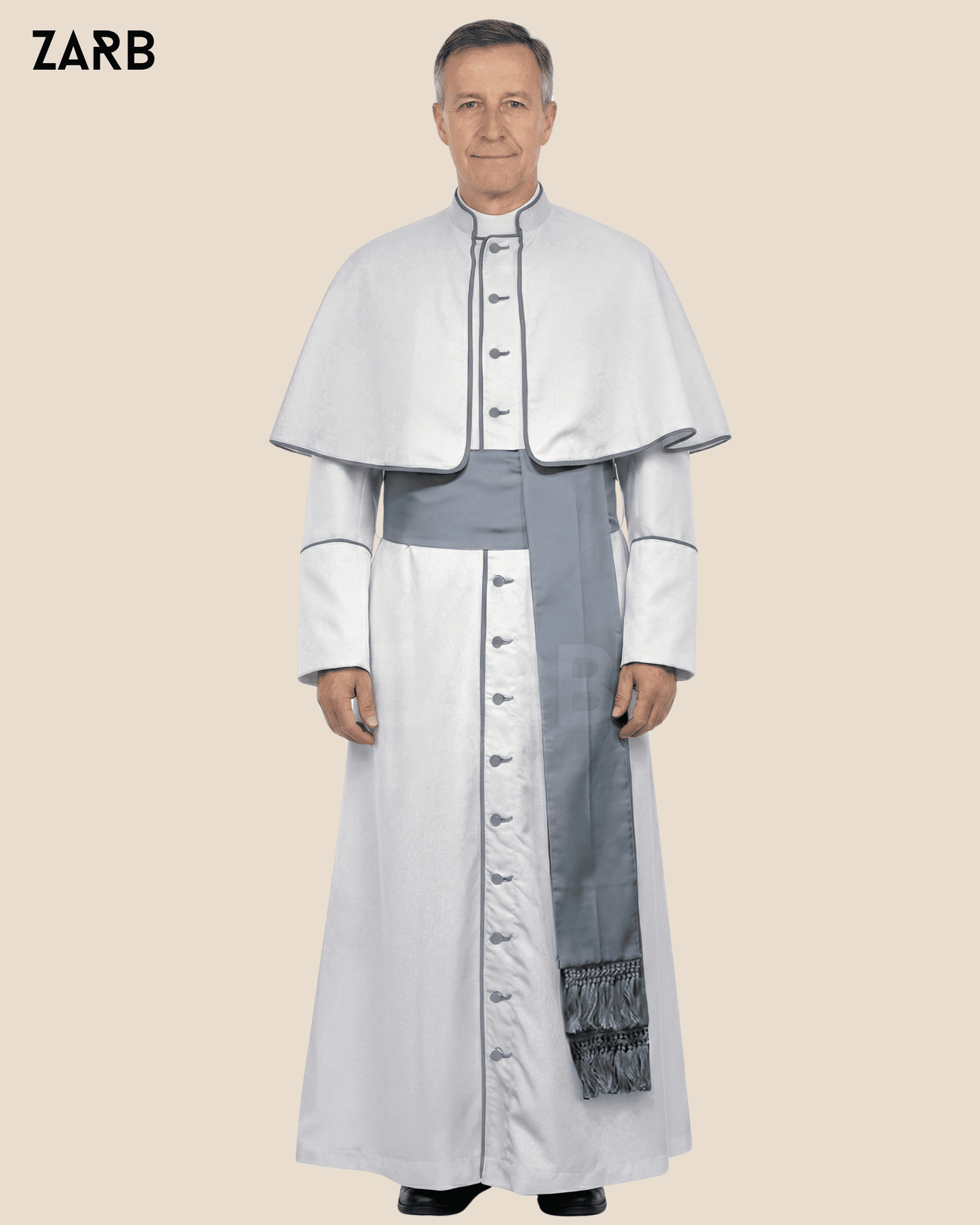 White Roman Cassock with Gray Trim - Custom Tailored Clergy Soutane | Bespoke Tailored ZARB Officials