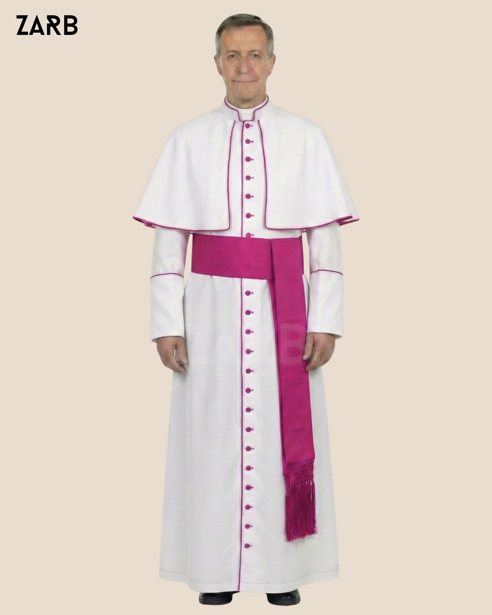 White Roman Cassock with Purple Trim & Pellegrina | Catholic Clergy Robe with Fascia | Bespoke Tailored ZARB Officials