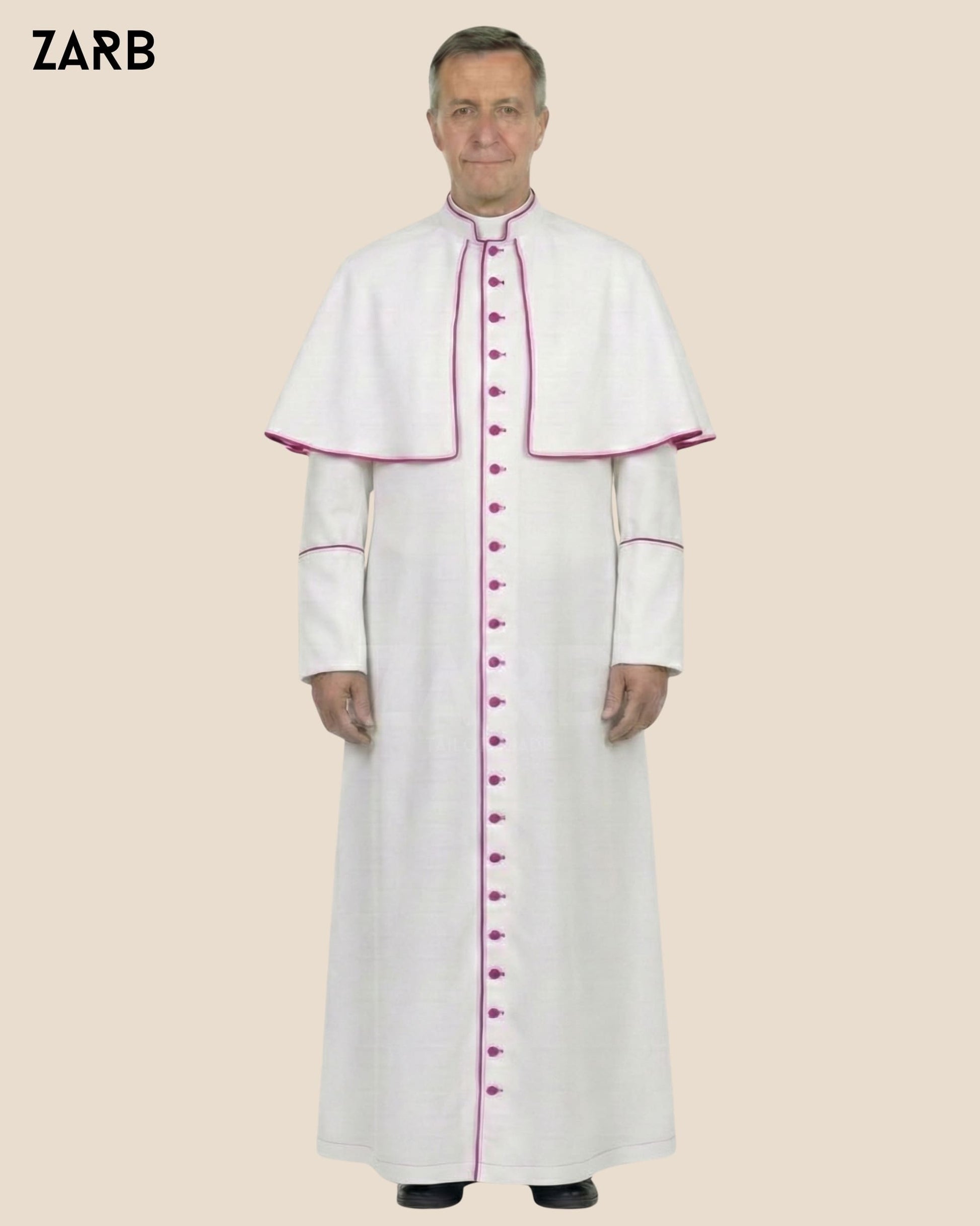 White Roman Cassock with Purple Trim & Pellegrina | Catholic Clergy Robe with Fascia | Bespoke Tailored ZARB Officials