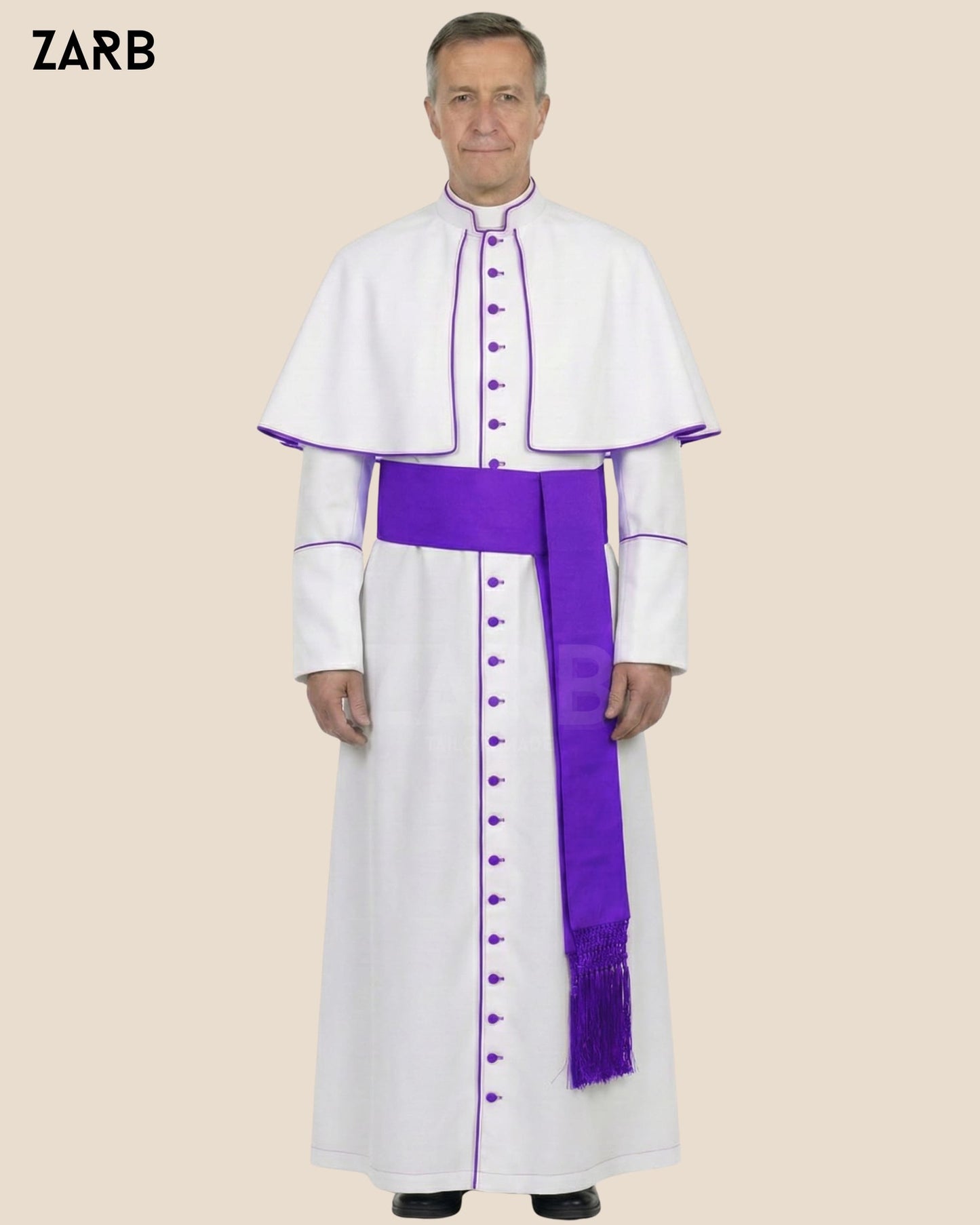 White Roman Cassock with Purple Trim, Pellegrina & Fascia — Custom Tailored | ZARB | Bespoke Tailored ZARB Officials