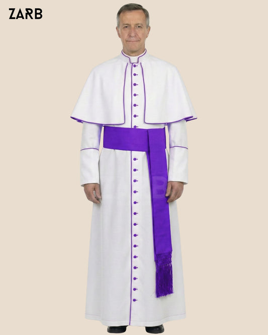White Roman Cassock with Purple Trim, Pellegrina & Fascia — Custom Tailored | ZARB | Bespoke Tailored ZARB Officials