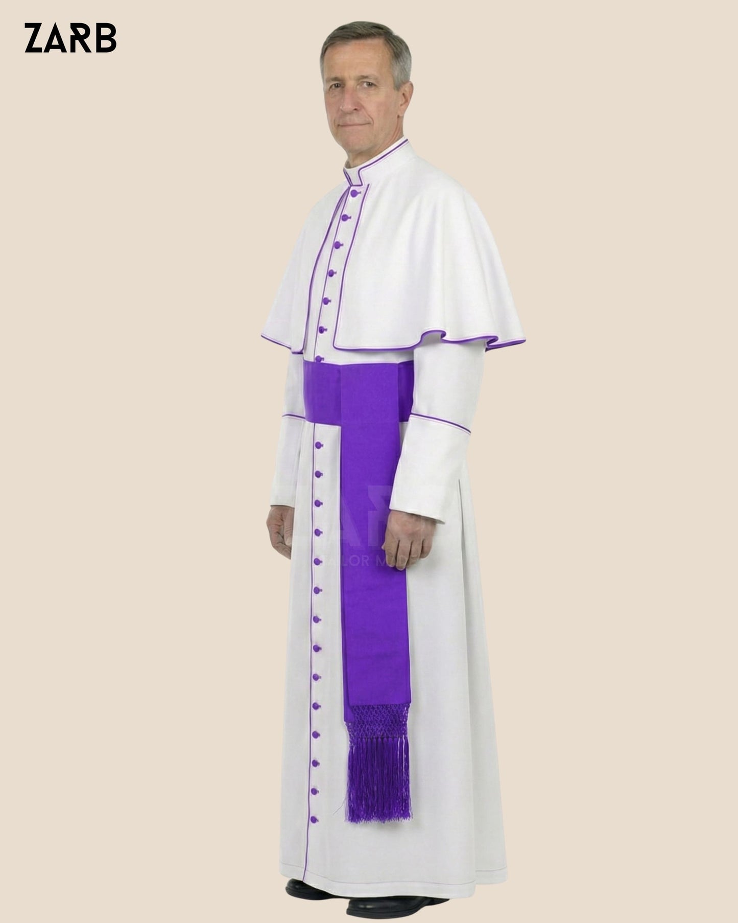 White Roman Cassock with Purple Trim, Pellegrina & Fascia — Custom Tailored | ZARB | Bespoke Tailored ZARB Officials