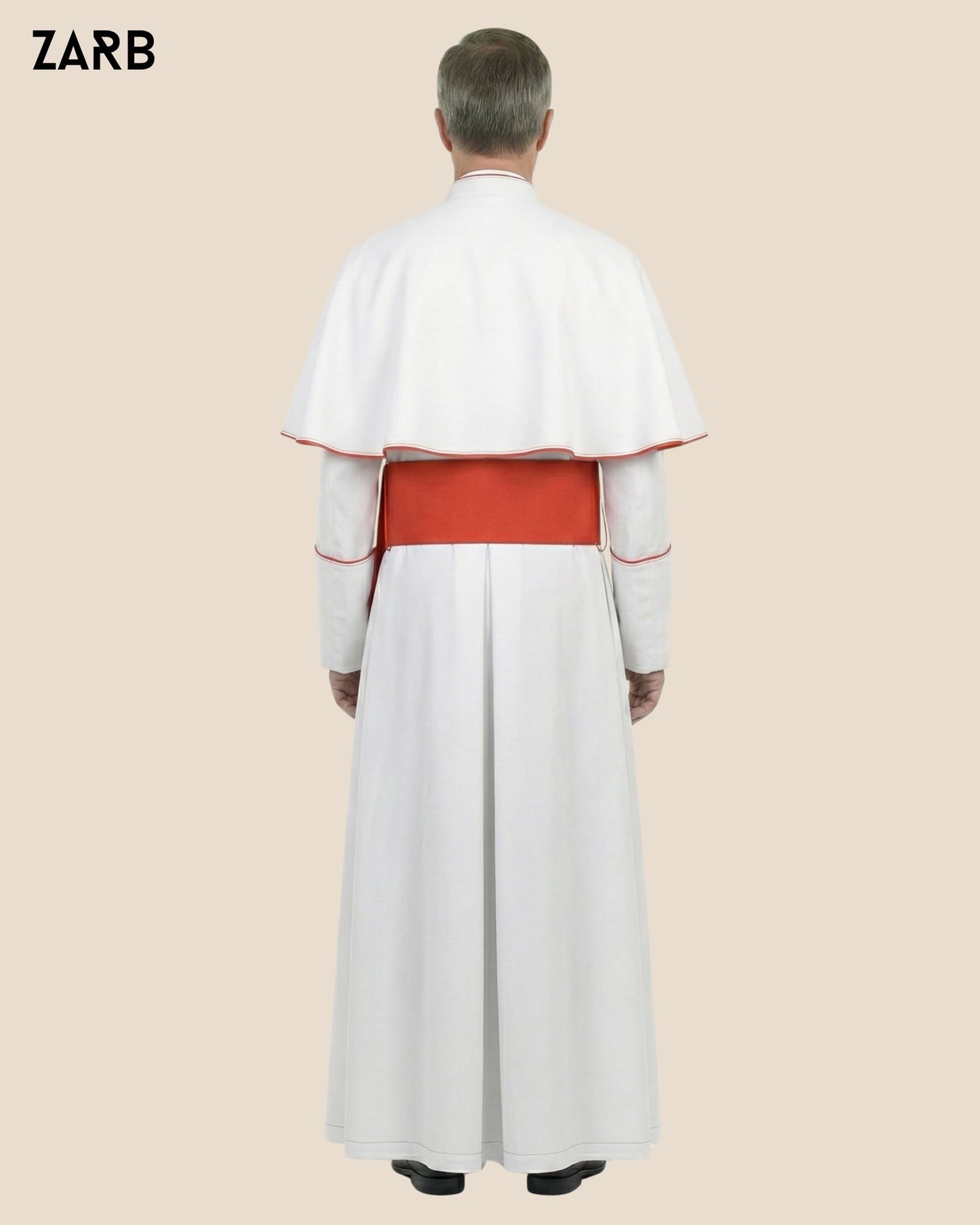 White Roman Cassock with Red Trim, Pellegrina & Fascia — Custom Tailored | ZARB | Bespoke Tailored ZARB Officials