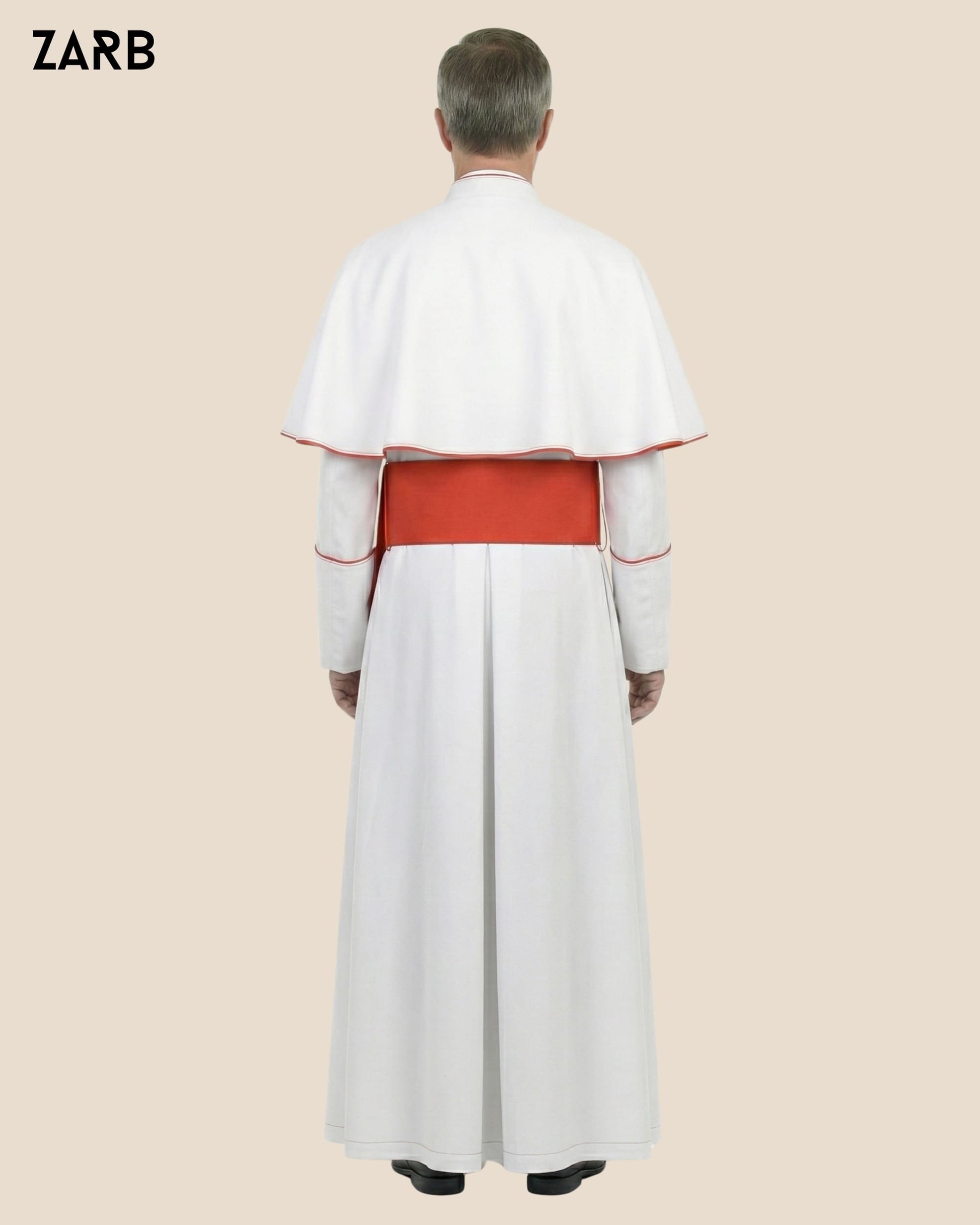 White Roman Cassock with Red Trim, Pellegrina & Fascia — Custom Tailored | ZARB | Bespoke Tailored ZARB Officials