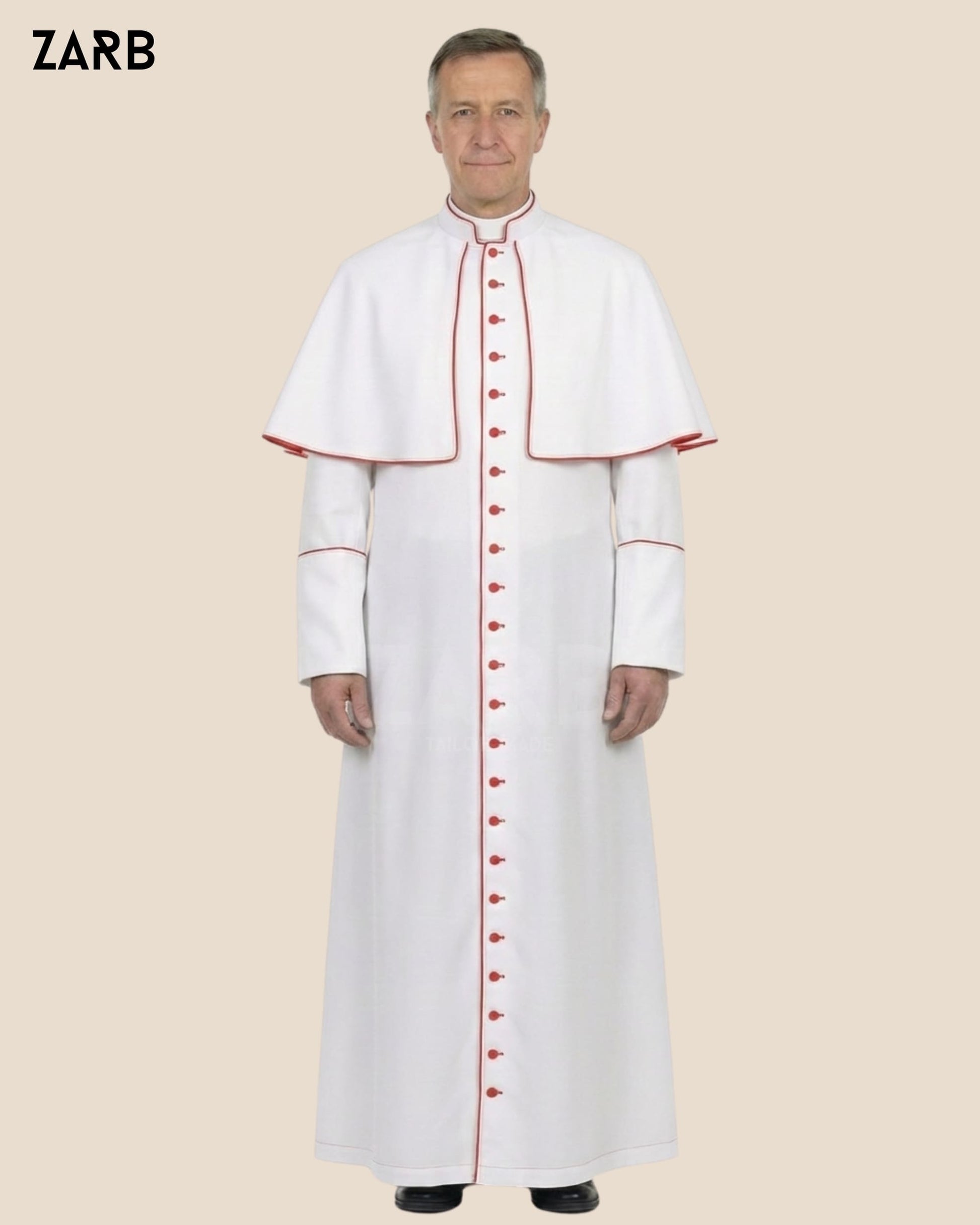 White Roman Cassock with Red Trim, Pellegrina & Fascia — Custom Tailored | ZARB | Bespoke Tailored ZARB Officials