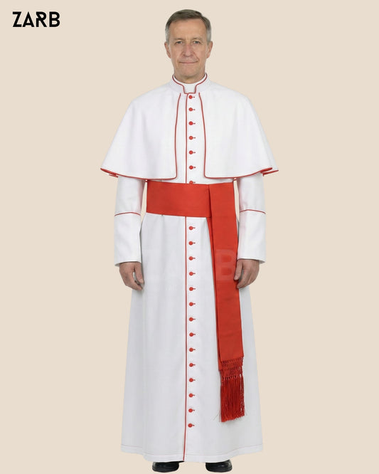 White Roman Cassock with Red Trim, Pellegrina & Fascia — Custom Tailored | ZARB | Bespoke Tailored ZARB Officials