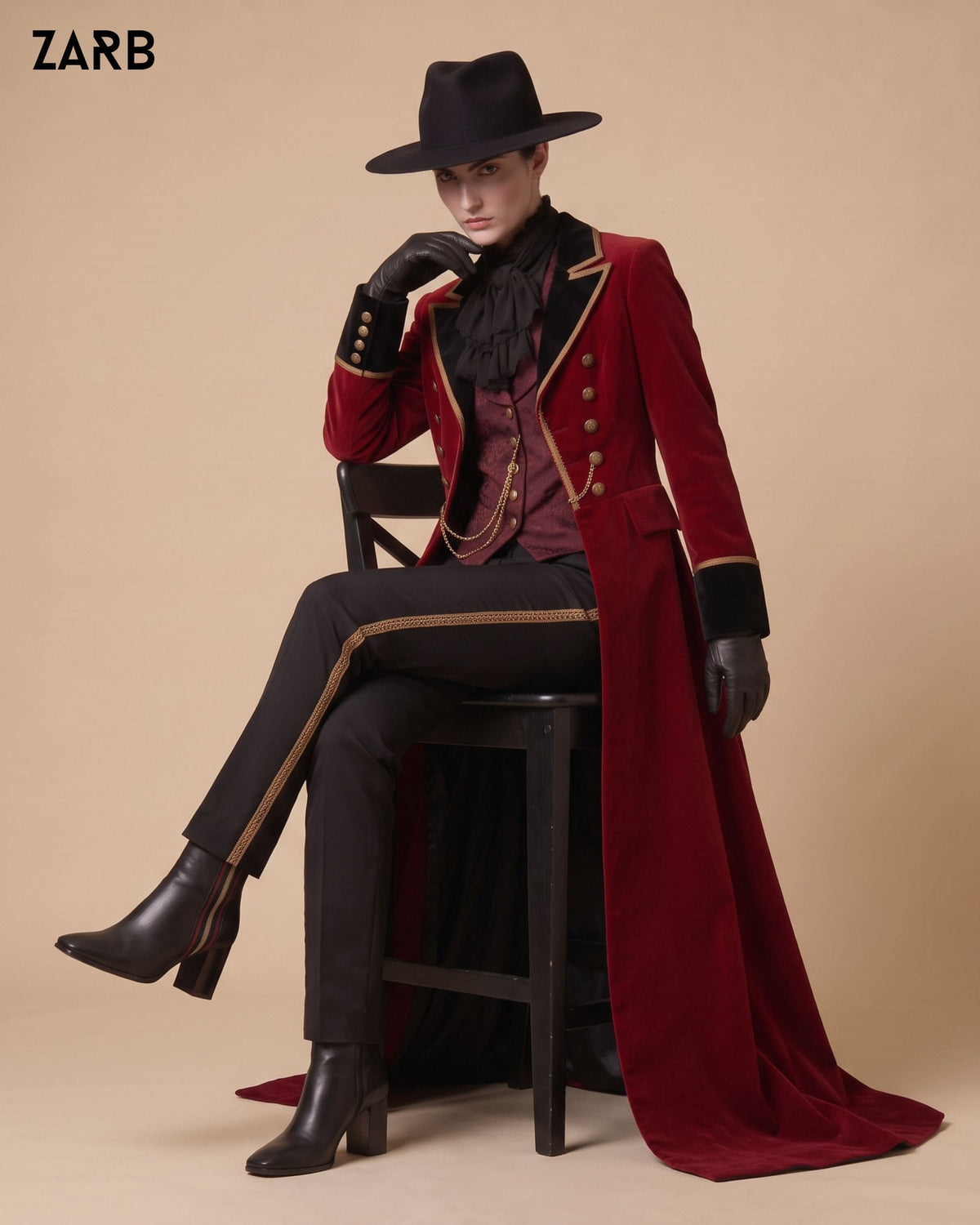 Women’s Burgundy Velvet Gothic Tailcoat with Black Lapels & Gold Trim | Bespoke Tailored ZARB Officials