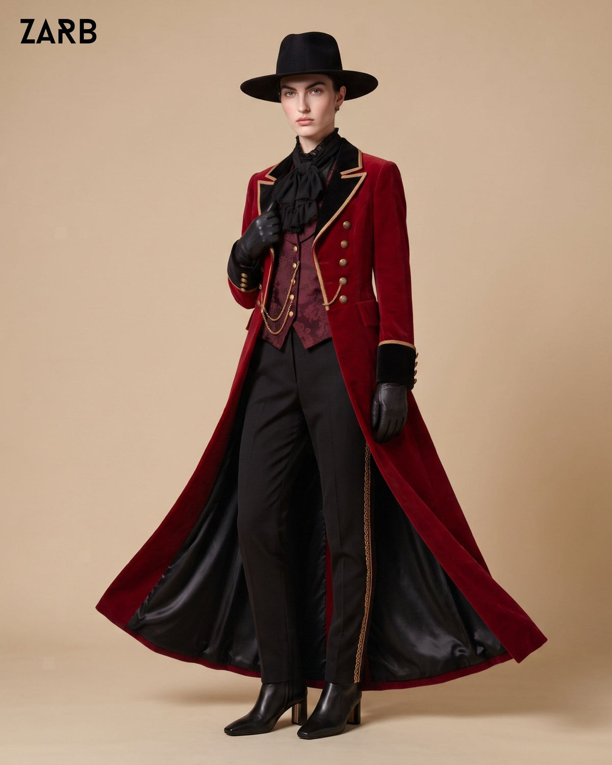 Women’s Burgundy Velvet Gothic Tailcoat with Black Lapels & Gold Trim | Bespoke Tailored ZARB Officials