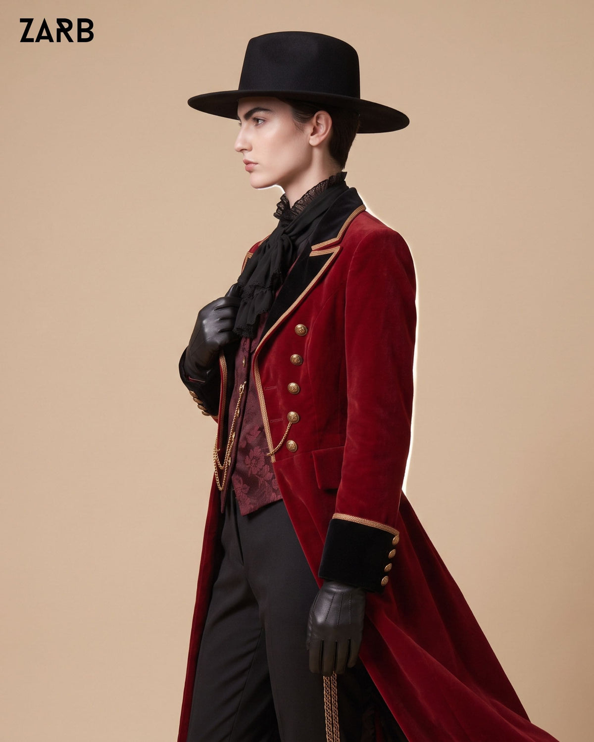 Women’s Burgundy Velvet Gothic Tailcoat with Black Lapels & Gold Trim | Bespoke Tailored ZARB Officials