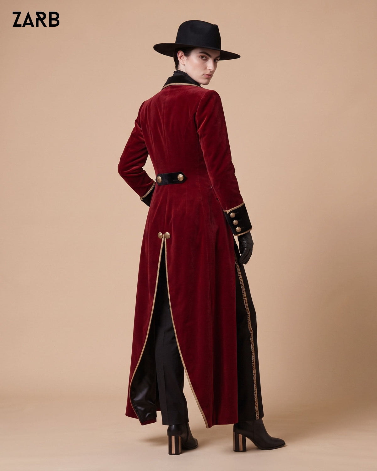Women’s Burgundy Velvet Gothic Tailcoat with Black Lapels & Gold Trim | Bespoke Tailored ZARB Officials